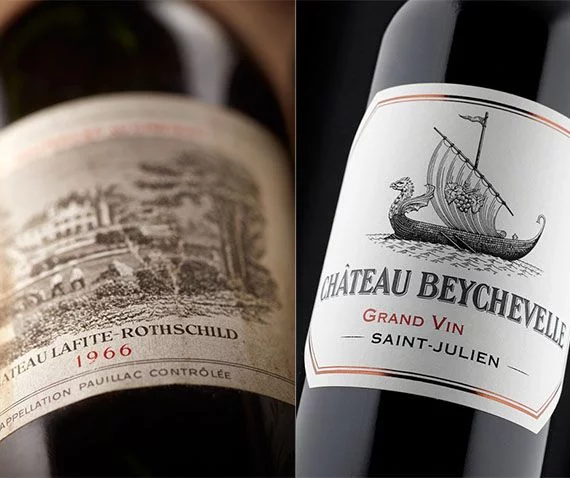 Bouteilles de Château Lafite Rothschild 1966 et Château Beychevelle Saint-Julien